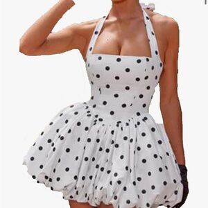 Polka Dot Halter Mini Dress in White and Black